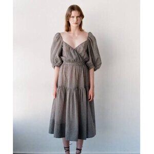 Shaina Mote Gilot Linen Blend Midi Dress - Black/White Gingham